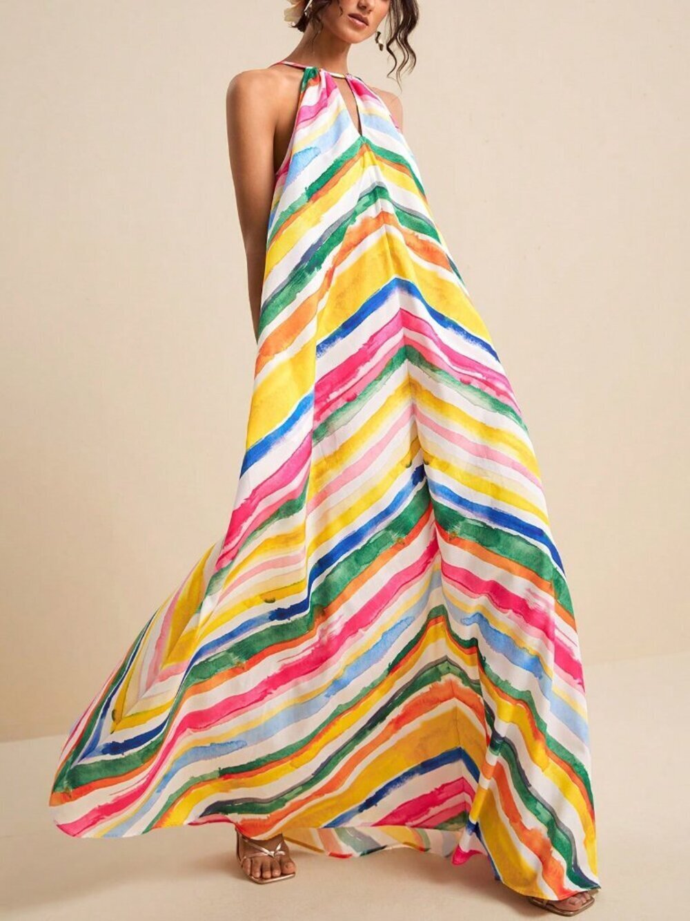 Multicolor Casual Women's Sleeveless Loose Flowy With Colorful Striped Print